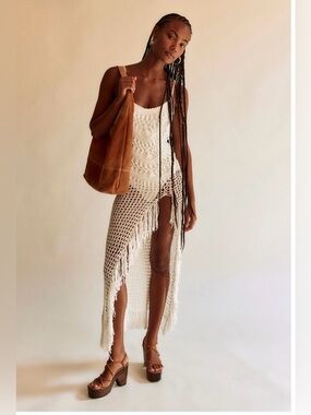 Free People White Boho Crochet Fringe Maxi Slip Dress with built in bodysuit